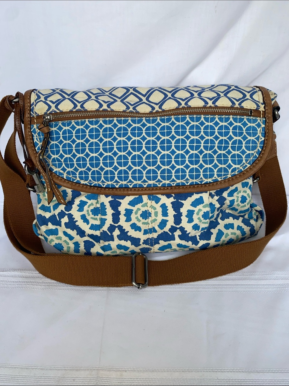 Vintage Fossil Blue Patterned Crossbody Purse with Brown Trim